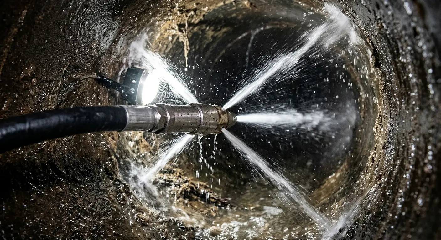 High-pressure hydro jetting nozzle cleaning sewer pipe for Trenchless Sewer Repair in Marlboro