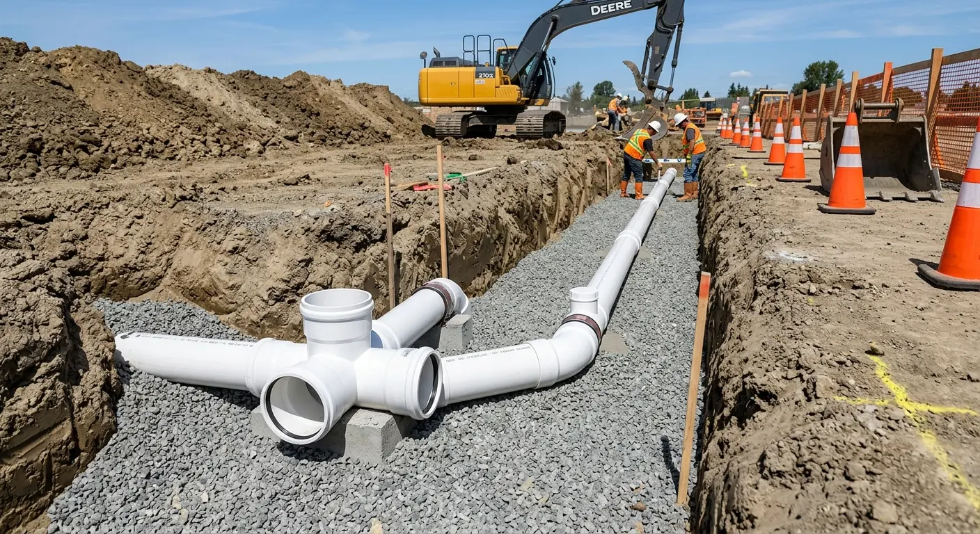 New PVC sewer pipe installation in open trench for Sewer Backup in Marlboro