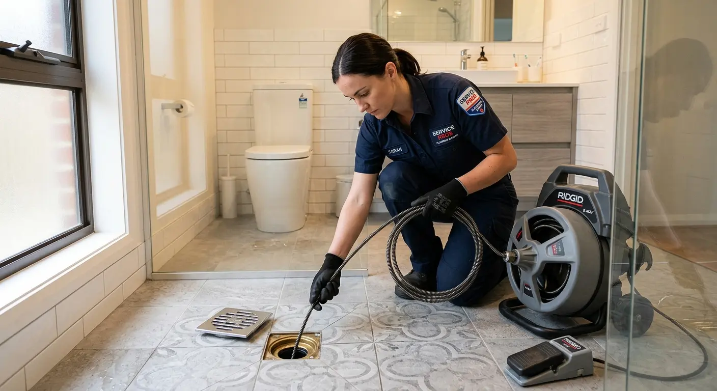 Technician clearing a bathroom floor drain for Hydro Jetting in Marlboro